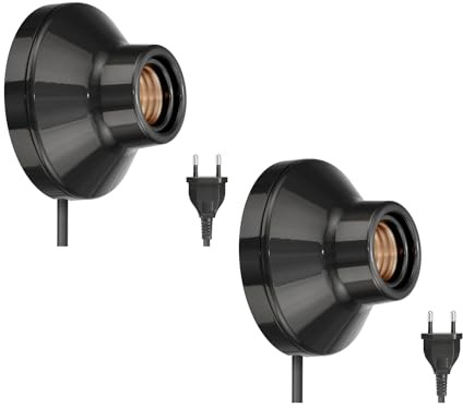 ledscom.de 2 Stück Wandleuchte/Lampenfassung ELEKTRA, Stecker, Schalter, Porzellan, schwarz glänzend, rund, 1x E27 max. 300W
