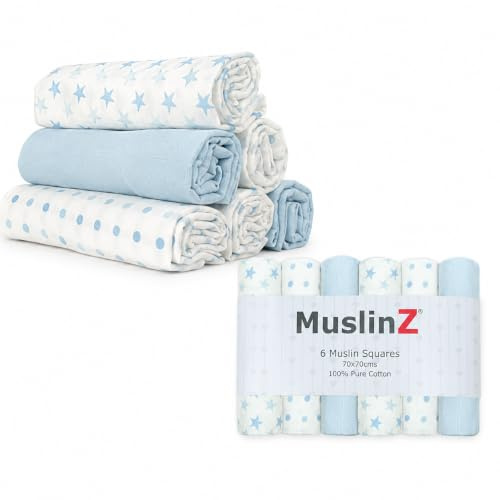 6-pack muslindukar för bebisen från MuslinZ, rapduk, dregelduk, amningsskydd, 70 x 70 cm, ren bomull, absorberande och ventilerande (blå stjärnor)