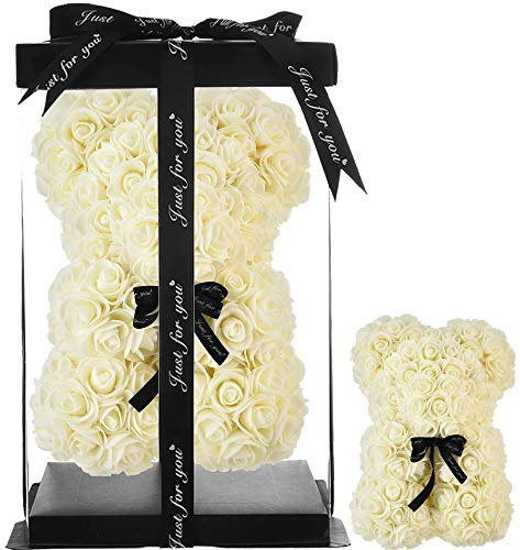Lulizzie Rosen Teddybär, Geschenke für Mama, Frauen, Teenager, Geschenke, Muttergeschenke, handgefertigter Rosenbär, Teddybär, Rose, Bär, Valentinstag, Geburtstag, Hochzeit, mit Box (milchweiß)