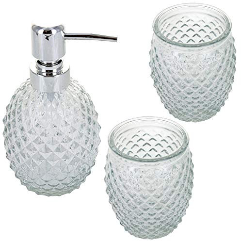 G Decor Juego de Accesorios de baño de Cristal Transparente y Cromado, 3 Piezas, Incluye dispensador de jabón líquido o loción, Soporte para Cepillo de Dientes, Vaso