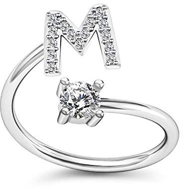 Bungsa M Ring Buchstabe - BUCHSTABEN RING silber mit Kristallen - biegbarer Fingerring/Zehenring Toering für Damen, Kinder & Herren