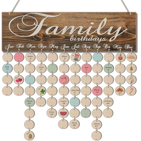 Flexzion Calendrier d'anniversaire familial à suspendre – Plaque familiale en bois avec étiquettes, tableau d'anniversaire en bois avec 50 disques cœurs et cercles, cadeau de rappel de date à faire