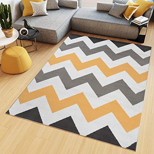 TAPISO Maya Kollektion Teppich Kurzflor Grau Weiß Gelb Modern Geometrisch Zig Zag Streifen Gestreift Design Wohnzimmer Schlafzimmer ÖKOTEX 80 x 150 cm