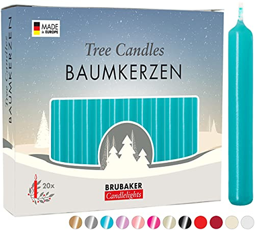 BRUBAKER 20er Pack Baumkerzen Wachs - Weihnachtskerzen - Türkis | Pyramidenkerzen Christbaumkerzen