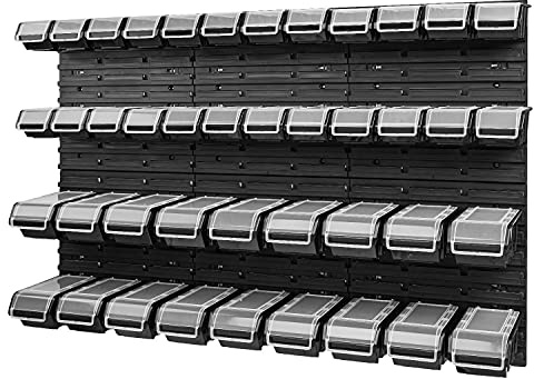 PAFEN Stapelbox Wandregal 1158 x 780 mm - Lagersystem 42 Stück Boxen mit Deckel - Lagerregal Sichtlagerkästen Schüttenregal, Schwarz