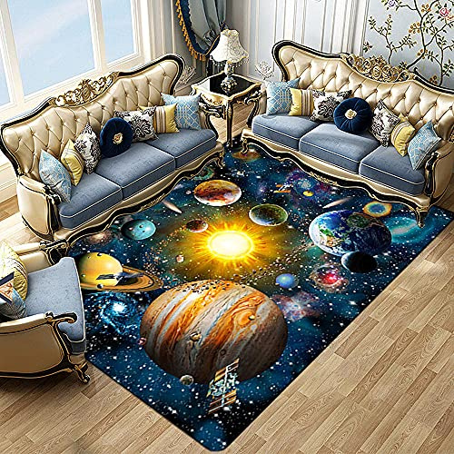 Galaxis Universum Stern Teppich Kinder Jungen Mädchen Groß Kinderzimmer Teppich Schlafzimmer Dekoration Wohnzimmer Kurzflor Krabbelmatte Modern Weich Kinderteppiche Waschbarer (Blau,100x150 cm)