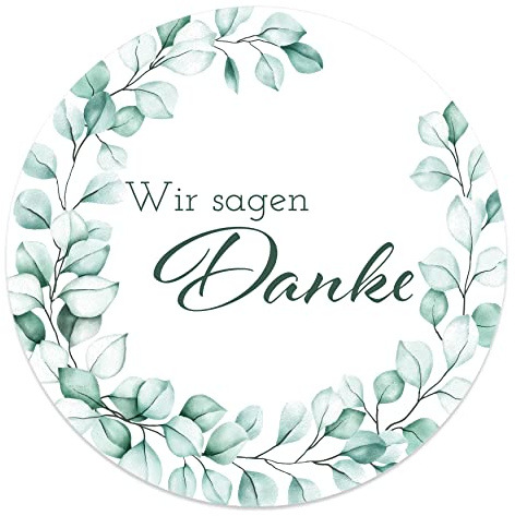 Danke Aufkleber rund 4,5 cm - Wir sagen Danke Sticker ideal für Hochzeit, Geburtstag, Dankeskarten & Give Aways (80x Stück, Eukalyptus Kranz)
