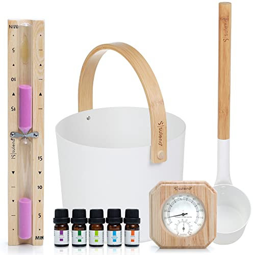 SULENO - Sauna Set KJELL 2 | 9-teilig - Saunakübel, Saunakelle, Klimamesser 2in1, Sanduhr, Saunadüfte, Saunazubehör (Weiß)