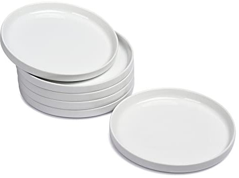 WishDeco Juego de 6 Platos Postre, Platos Llanos Porcelana Φ18 cm, Plato de Cerámica Blanca para Ensalada, Tarta, Pasta, Pastel