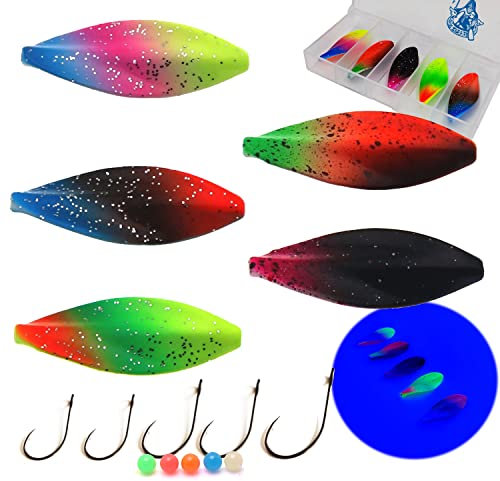 Njord Kalastus Inline Spoon Forelle Komplettset mit 5X Haken und 5X Perlen in Box 4g | UV Aktiv | Durchlaufblinker Forellenköder Inliner Spoon Inline Durchlauf Spoons (4g, 5er Set)