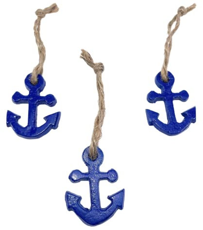 Marzoon 3 colgantes de ancla de metal lacado, aprox. 5,5 x 4 cm, con cinta de yute para decoración (azul brillante)