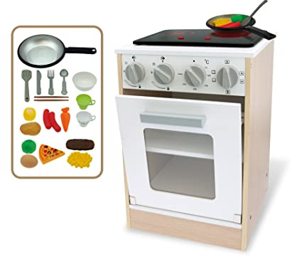 Teorema Giocattoli 40640 - Forno Piano Cottura in Legno Giocattolo per bambini con Piastra a Batterie Accessori, Altezza 40cm, con luci ed effetti sonori Marrone, Bianco E Grigio