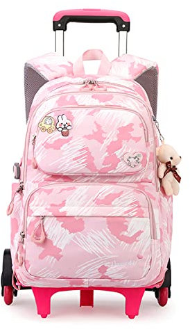 Tanou Rucksack mit Rollen, Leichte Schulrucksack zum Rollen für Mädchen, Kinder Trolley Schulranzen, 16 Zoll, 1-5.Klasse, Rosa Graffiti