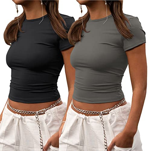 ZHENWEI Cute Workout Sets for Women Short Sleeve Basic Gym Athletic Tee Tight Cropped T Shirt Tops Black&Grey L
