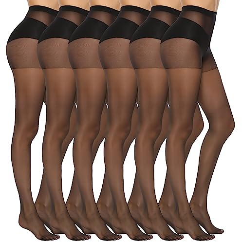 MANZI 6 Pairs Women's 20D Sheer Silky Pantyhose Run Resistant Nylon Tights High Waist Stockings with Control Top(6 Black,S)