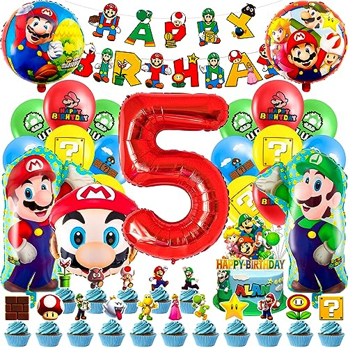 Party Decorations, Mari Birthday Balloons Decorations for 5rd, Happy Birthday Banner and Cake Topper, Theme Party Decor for Kids Boys Girls