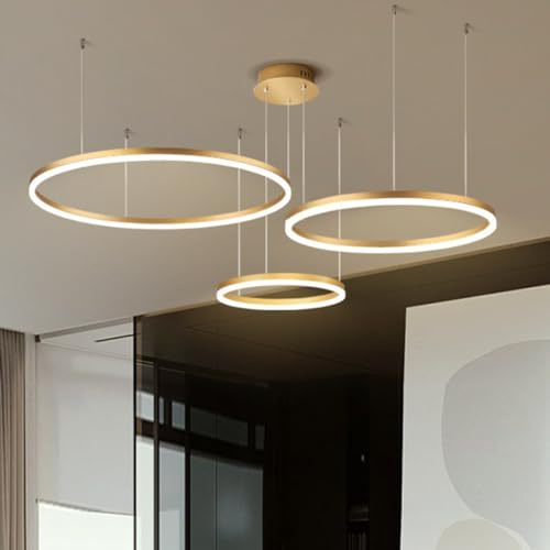 LED Pendelleuchte Modern Dimmbar 3 Ringe Esstisch Hängelampe Rund Aluminium Höhenverstellbar Hängeleuchte Wohnzimmer Leuchte Ringleuchte Lampe Schlafzimmer Kronleuchter Deckenbeleuchtung Golden