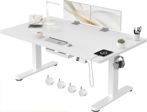 Devoko Scrivania Regolabile in Altezza 140x80 cm Bianco Ufficio con Ruote
