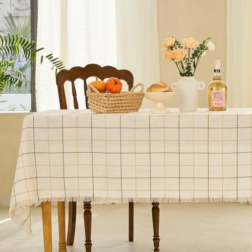 Midsummer Breeze Tischdecke, rechteckig, rustikale Baumwolle, mit Fransen, Bauernhaus-Tischdecken für Thanksgiving, Küche, Esszimmer (140 x 178 cm, cremefarbenes Karomuster)