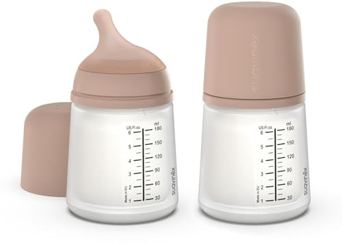 Suavinex, Pack 2 Zero anti-koliska flaskor, anpassningsbar flödesnapp (A) i silikon, spädbarn +0 månader och nyfödda, specifik amning, amning, amning och pulver, 180 ml, medium