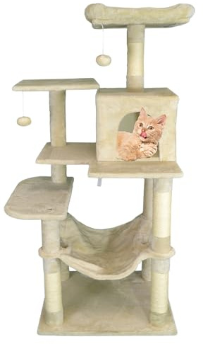 DEFACTO Katzenbaum, 143 cm hoch Katzenhöhle, Katzen Kletterbaum mit 4 Kratzsäulen, 2 Plattformen Kratzbaum, Katzenspielzeug, Katzenmöbel mit stabil Säulen, Hängematten (BEIGE)