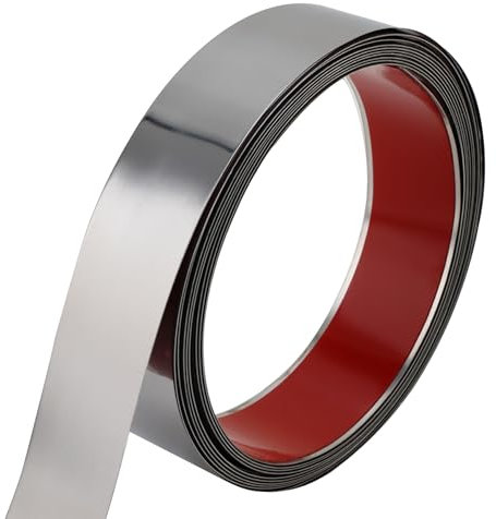 Taaizau Flexible Self Adhesive Metal Strip for Magnet, Strong Peel and Stick Ferrous Tape Roll for Workshop, Office, School and Home Decoration (Shiny Silver, 5m x 4cm)