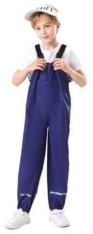 ALIWINER Kids Navy Blue Waterproof Rain Pants Dirty Proof Suspender Trousers for Boy Girl Size S Approx 104cm Height