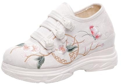 xinrishe 2024 Summer Fashion Chinese Hanfu Shoes Retro Ethnic Style Exquisite Flower Embroidery Sneakers Trendy Inner Height Increasing Walking Shoes For Women(Size:5.5 UK)