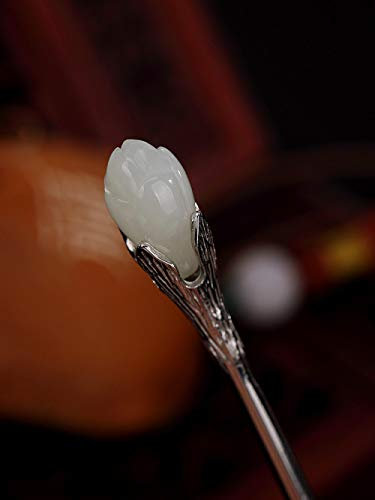 Haarstäbchen for Damen, chinesische Retro-Haarstäbe for langes Haar von Frauen, 925er Silber, Haarnadel mit Magnolienblüte aus Hetian-Jade, Vintage-Haarschmuck for Frauen und Mädchen(Color:Hetian jade