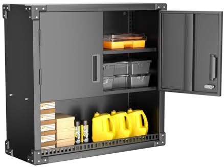 Supeer Armadietto pensile da parete in metallo con 1 ripiano regolabile in altezza, 2 ante e 1 cassetto, con serratura in acciaio inox, per garage, officina, cucina, 77 x 80 x 30 cm (H x L x l)