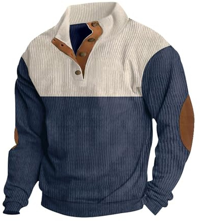 Ryehack Sweatshirt herr manchestertröja långärmad casual henley-t-shirt tröja lätt med knappslå S–3XL, Marinblå, XL