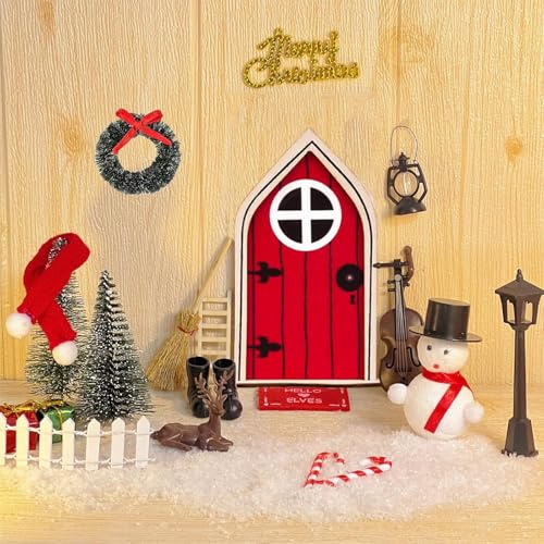 Wichteltür Zubehör Weihnachten Miniatur Elfentür Wichtelhaus Weihnachtsdeko | Weihnachtswichtel Tür Set, Miniatur Weihnachtsdekoration Wichteltür Ornament, mit Schneemann Weihnachtsbaum Kranz Zaun