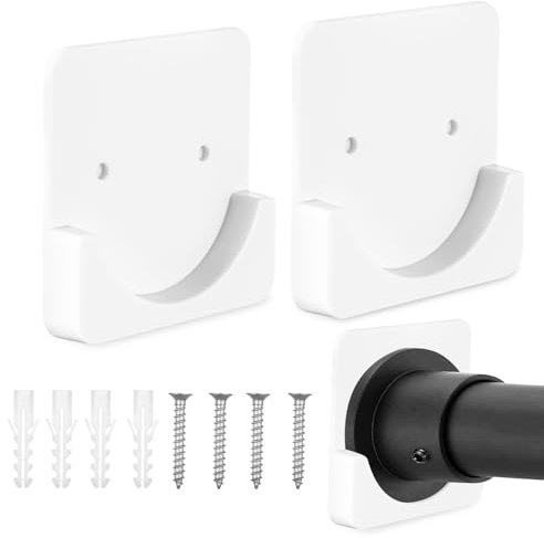 Giantree 2 Pcs Adhesive Shower Curtain Rod Holder with Screw, No Drilling & Drilling 2-in-1 Universal Curtain Rod Holder Curtain Tension Rod Holder Wall Mount Holder Not Included Rod(White)