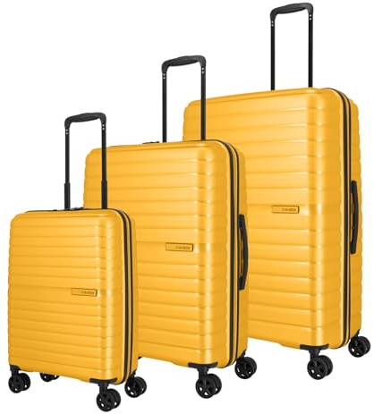 Travelite resväska med 4 hjul, 3 delar, storlekar L/M/S, bagage-serie: Hårt skal med TSA-kombinationslås (handbagage, resväska utan TSA), GUL, Trolley Set L/M/S, Trolley med hårt skal med 4 hjul