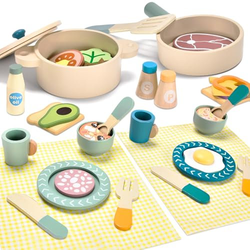 Aragallant Accessori da Cucina in legno per Bambini, 35pezzi Giocattoli da Cucina, Pentole e Padelle Giocattolo con Verdura Giocattolo, Gioco di Ruolo Educativo per Bambina e Bambino 3+ Anni
