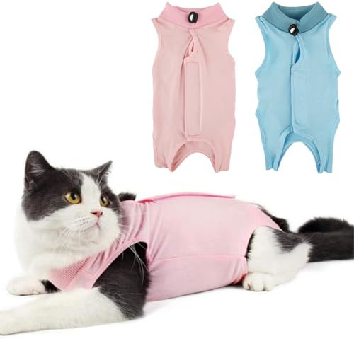 TYXHXTF 2Pcs Katzenbody Nach Op, Erholungsanzug Kleidung, Katzenanzug Nach der Operation Anti-Leck-Anzug, ErholungskragenAlternative für Katzen(M, Blau+Rosa)