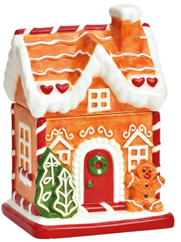 Vorratsdose Lebkuchenhaus aus Keramik 13 x 19 cm - Weihnachtliche Aufbewahrungsdose für Kekse & Süßigkeiten mit Deckel - Weihnachtsdose Keramikdose als Weihnachtsdeko, Tischdeko & Weihnachtsgeschirr