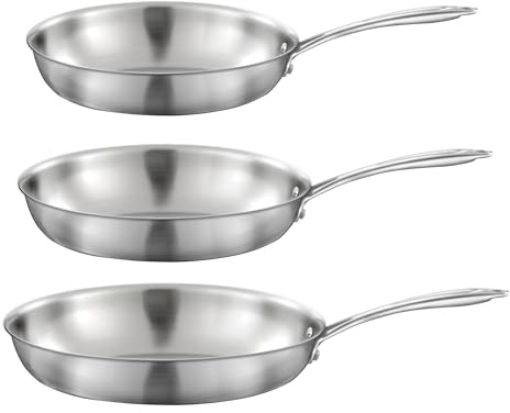 CUISINOX - Gourmet - Lot 3 poêles triply tout inox 24-28-32 cm avec poignée fixe - Compatible tous feux - Acier Inox 18/1 - Finition Satinée - Sans PFAS, PTFE, PFOA - Made in France