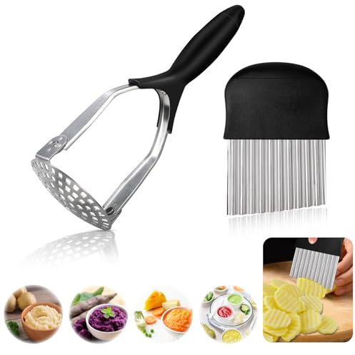 Kartoffelstampfer Edelstahl, Kartoffelstampfer & Wellenschneider Set, Kartoffelpresse mit Gummigriff, Gemüsestampfer, Potato Masher für Spülmaschinengeeignet, Kartoffelbrei, Gemüse, Früchte