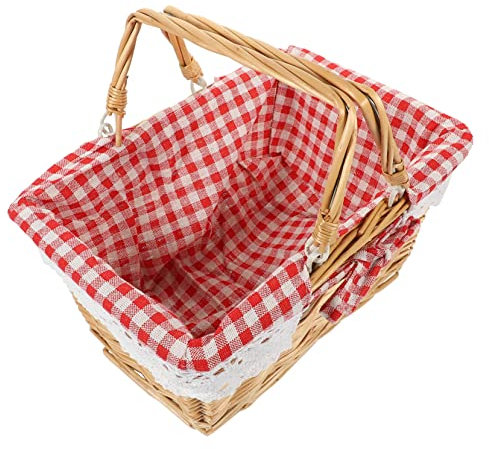 Hohopeti Small Wicker Hamper Red Lining Folding Handle Picnic Basket Handmade Storage Basket for Outdoor Home
