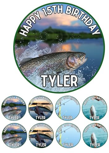Edible 7 round Fishing Personalised cake topper and 8 x 2 cupcake toppers Premium icing paper - roulette