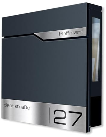 Metzler Boîte aux Lettres Anthracite avec fenêtre de visualisation et Compartiment journaux – Murale avec Plaque Nominative INOX personnalisée gravée au Laser – étanche | Siebert SF