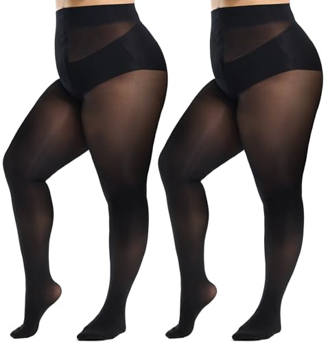 WiliW 2 Paar Reißfeste Strumpfhosen für Damen Große Größen,10D Ultra Feinstrumpfhose Schwarz,Shape Strumpfhose Hohe Taille mit Verstärkten Zehen
