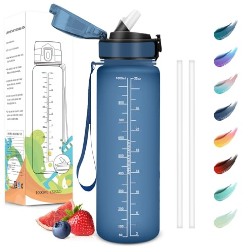 Motswedi Gourde Sport, 1000ml Anti-Fuite, Gourde avec Paille, sans BPA, Gourde Paille, Réutilisable, Gourde, Facile à Transporter, Bouteille d'eau pour Yoga, Camping, Cyclisme, Fitness, Bleu Foncé