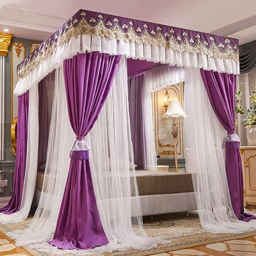 LUOZIQINX Prinzessinnen Moskitonetz, Luxuriöse Baldachin aus Mesh & Stoff, Doppelschichtiges Betthimmel für Mädchenzimmer Dekoration,Lila,180×200×200cm
