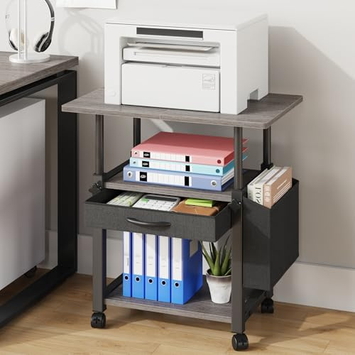 OYRREU 3-Ebene Höhenverstellbar Druckertisch mit Rollen, 56x38cm Mobiler Druckerständer mit Stoffschublade&Seitentasche, Home Office Druckerhalter Büro Druckerwagen Drucker Regal, Grau