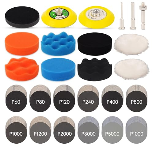145pcs 3 inch Sandpaper Polishing Kit for Headlight Restoration, 60 to 10000 Grit Wet Dry Sanding Dicsc with Drill Buffing Pad and Foam Polishing Pads