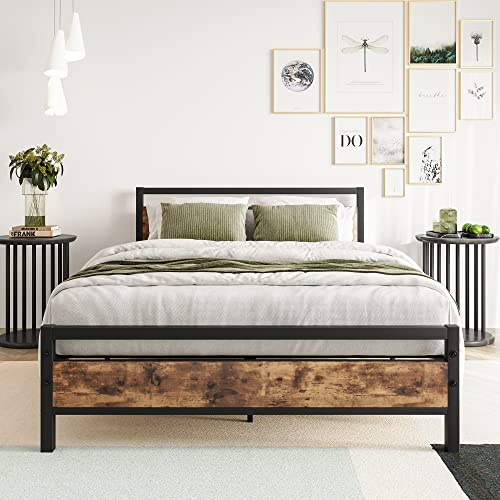 BORPHOM Sängram 140 x 190, sängram av metall trä, metallsäng med ribbotten, gästsäng, ungdomssäng, dubbelsäng, 140 x 190 med sänggavel, metallsäng, brun och svart