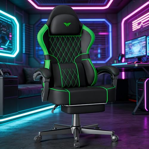 Soontrans Gaming Stuhl mit Massage Lendenwirbelstütze, Gepolstert Gaming Chair, Gaming Stuhl Ergonomisch mit Fußstütze, Kunstleder, 90-160° Rückenlehne verstellbar Gaming Sessel, 136kg（schwarz&grün）