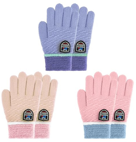Migliore Wear 3 par barnvinterhandskar, varma barn stickade handskar vinter barnhandskar för 4–10 år pojkar flickor, Ljusrosa + blå + beige, 4-6 År